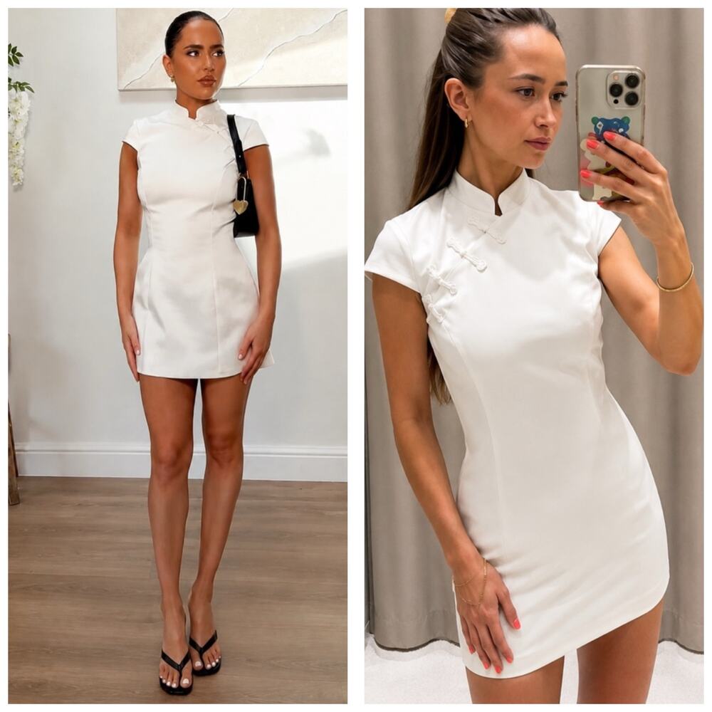 NWT Zara White Mandarin Satin Frog Button Detail Mini Dress Size Small 2767/301